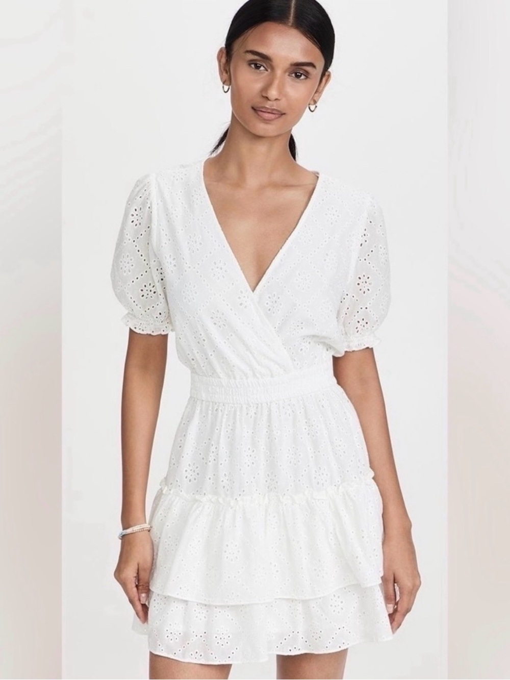 WAYF White Eyelet Tiered Wrap-Style Mini Dress